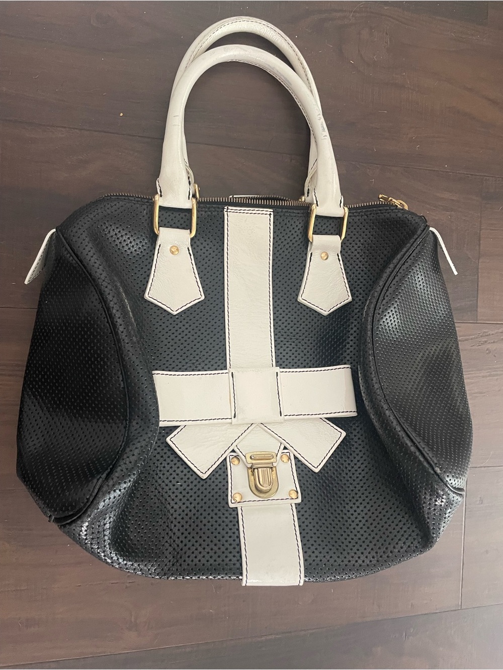 Vintage Y2K Regina Made in Italy Genuine Leather Black & White Handbag Satchel